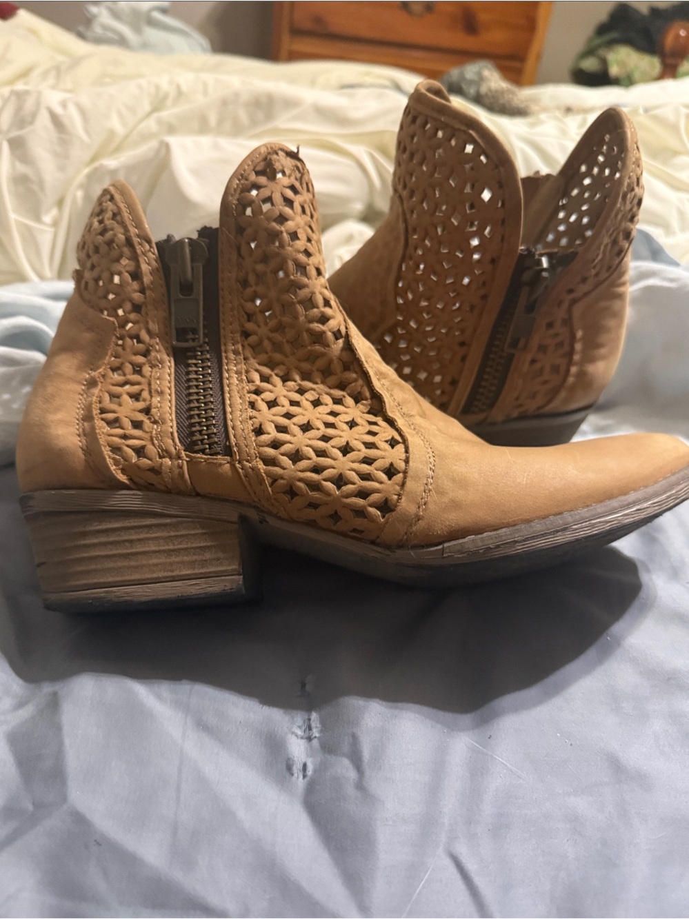 Circle G Tan Laser-Cut Side-Zip Ankle Booties